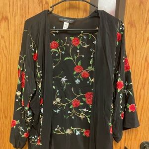 Vintage Floral Silk Embroidered Black Kimono